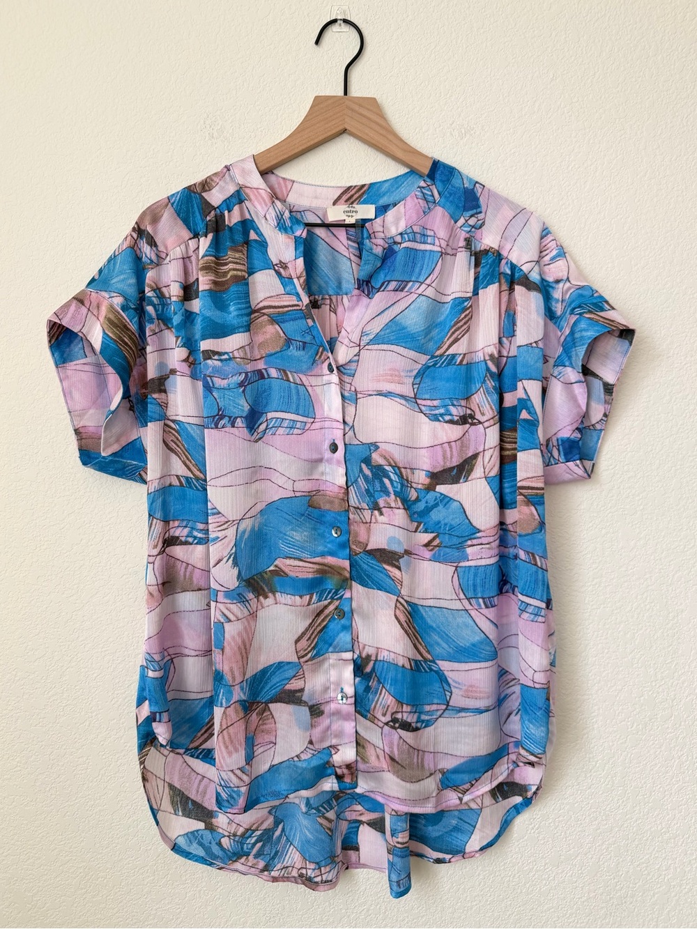 Entro Abstract Button Up Short Sleeve Blouse Size Large